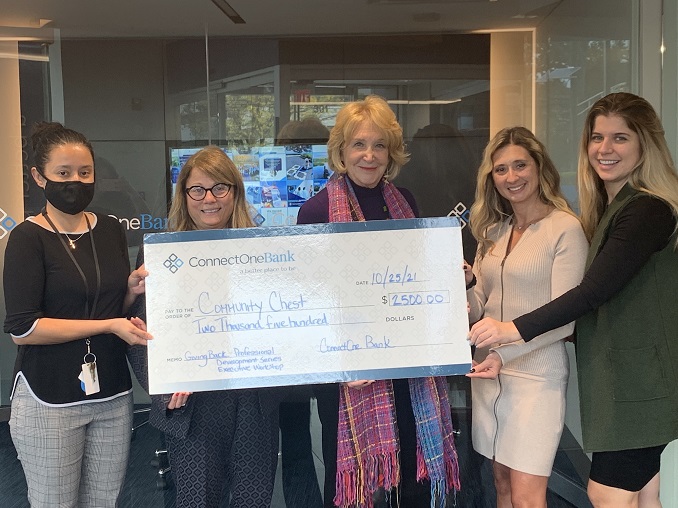From left to right: Xhensiglia Gjelaj - Executive Assistant, ConnectOne Bank; Maria Gendelman - SVP Chief Culture & Experience Officer, ConnectOne Bank; Shelly Wimpfheimer, Executive Director, The Community Chest of Eastern Bergen County; Dianne Estremera - VP Accounting Operations Manager, ConnectOne Bank; and Yanelli Callado - Banking Relationship Specialist, ConnectOne Bank Photo Credit: ConnectOne Bank. From mybergen.com